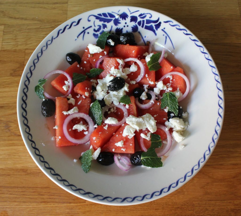 salade van watermeloen, feta, munt en olijven
